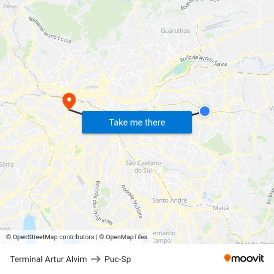 Terminal Artur Alvim to Puc-Sp map
