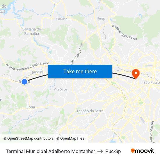 Terminal Municipal Adalberto Montanher to Puc-Sp map