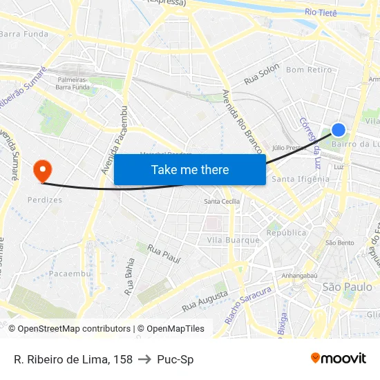 R. Ribeiro de Lima, 158 to Puc-Sp map