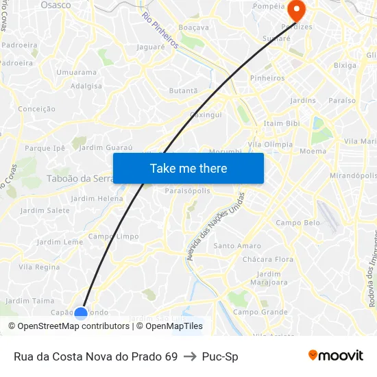 Rua da Costa Nova do Prado 69 to Puc-Sp map