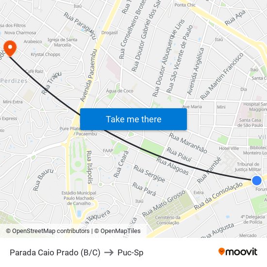 Parada Caio Prado (B/C) to Puc-Sp map