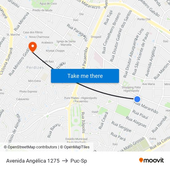 Avenida Angélica 1275 to Puc-Sp map
