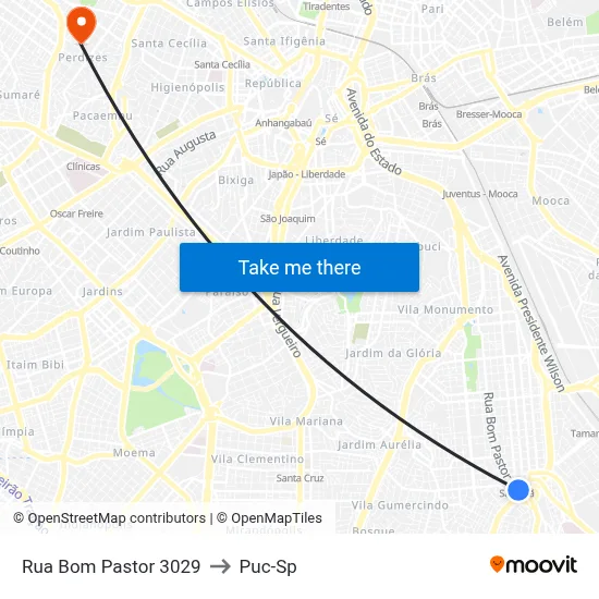 Rua Bom Pastor 3029 to Puc-Sp map