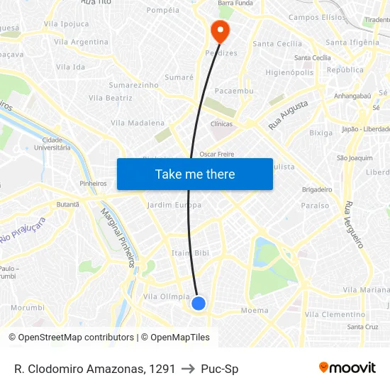 R. Clodomiro Amazonas, 1291 to Puc-Sp map