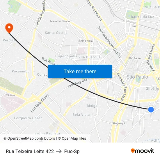 Rua Teixeira Leite 422 to Puc-Sp map