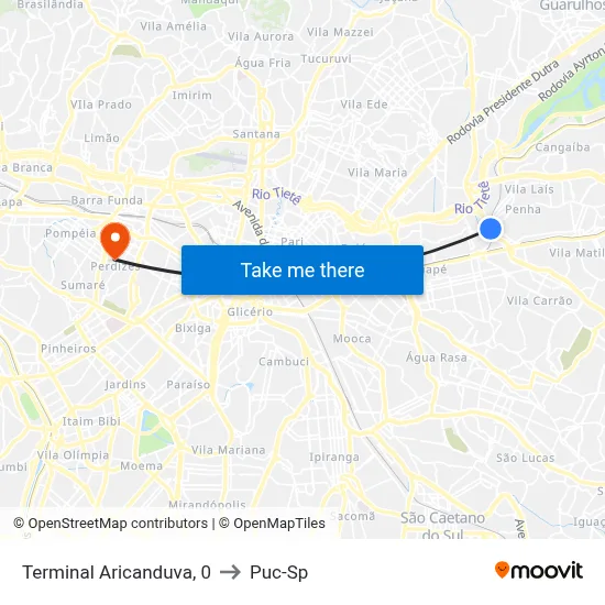 Terminal Aricanduva, 0 to Puc-Sp map
