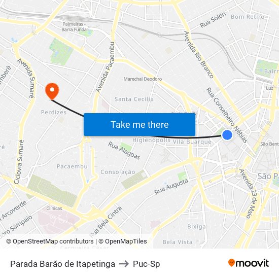 Parada Barão de Itapetinga to Puc-Sp map