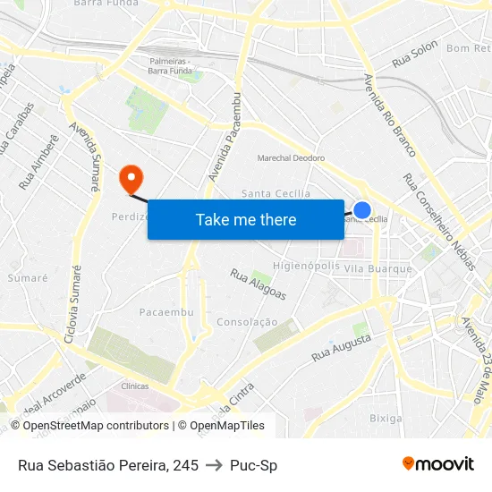 Rua Sebastião Pereira, 245 to Puc-Sp map