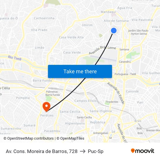 Av. Cons. Moreira de Barros, 728 to Puc-Sp map