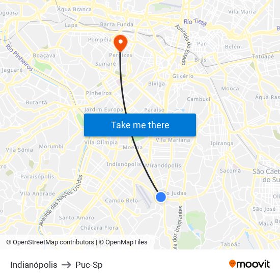 Indianópolis to Puc-Sp map