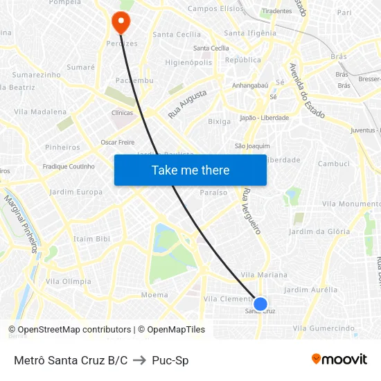 Metrô Santa Cruz B/C to Puc-Sp map