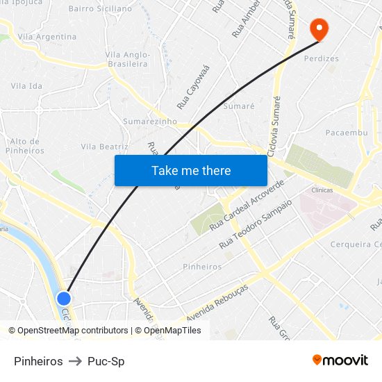 Pinheiros to Puc-Sp map