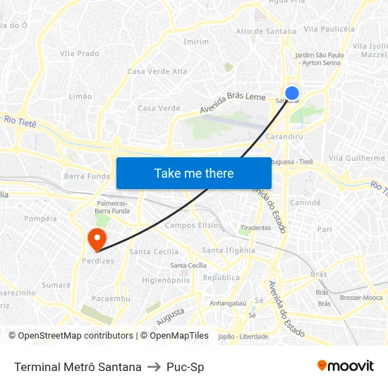 Terminal Metrô Santana to Puc-Sp map