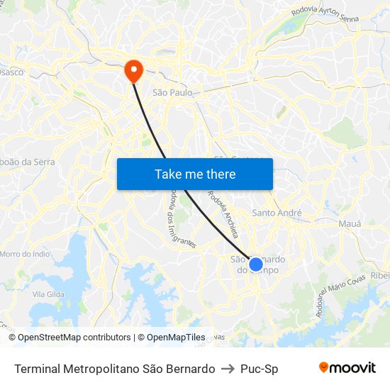 Terminal Metropolitano São Bernardo to Puc-Sp map