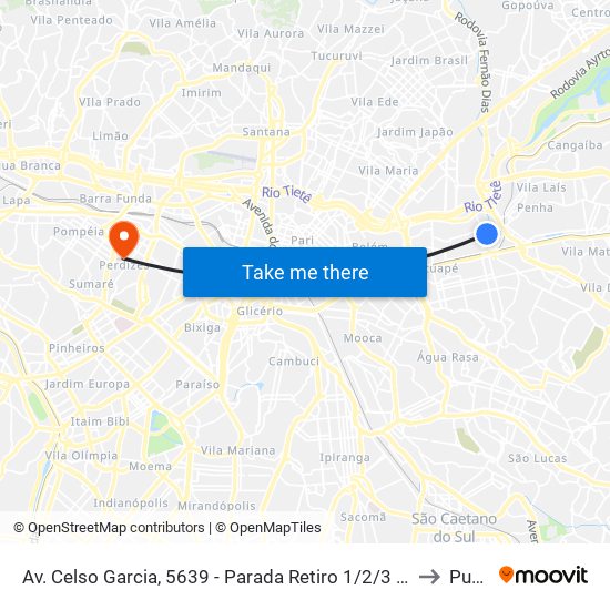 Av. Celso Garcia, 5639 - Parada Retiro 1/2/3 - Maranhão, São Paulo to Puc-Sp map