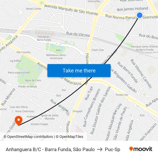 Anhanguera B/C - Barra Funda, São Paulo to Puc-Sp map