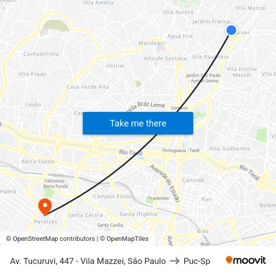 Av. Tucuruvi, 447 - Vila Mazzei, São Paulo to Puc-Sp map