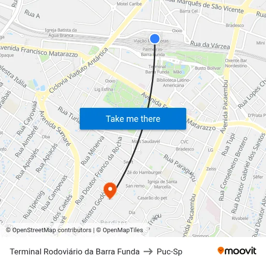 Terminal Rodoviário da Barra Funda to Puc-Sp map