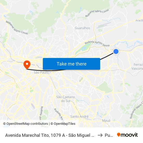Avenida Marechal Tito, 1079 A - São Miguel Paulista, São Paulo to Puc-Sp map
