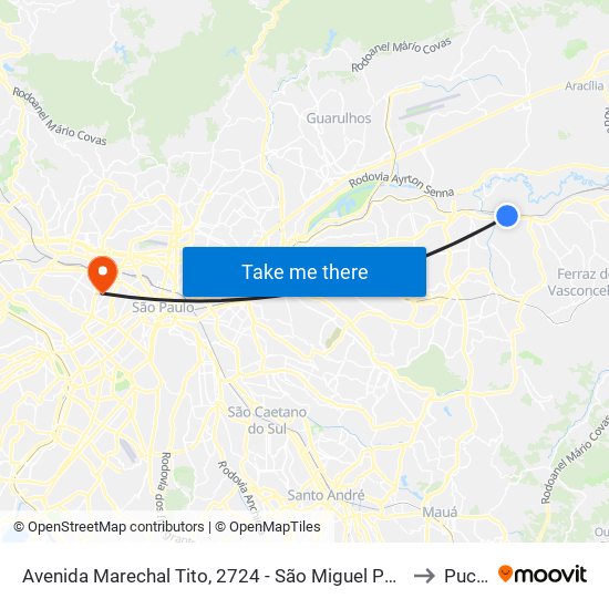 Avenida Marechal Tito, 2724 - São Miguel Paulista, São Paulo to Puc-Sp map