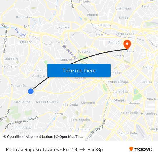 Rodovia Raposo Tavares - Km 18 to Puc-Sp map