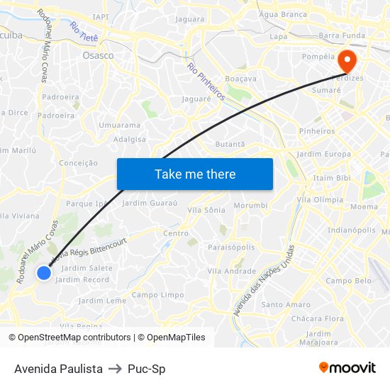 Avenida Paulista to Puc-Sp map