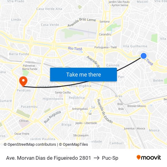 Ave. Morvan Dias de Figueiredo 2801 to Puc-Sp map