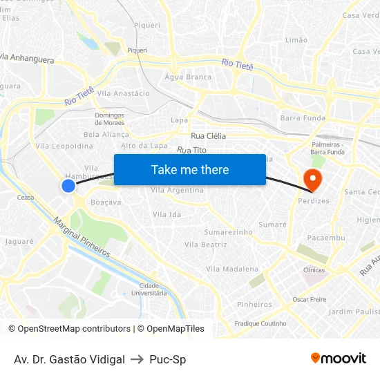 Av. Dr. Gastão Vidigal to Puc-Sp map