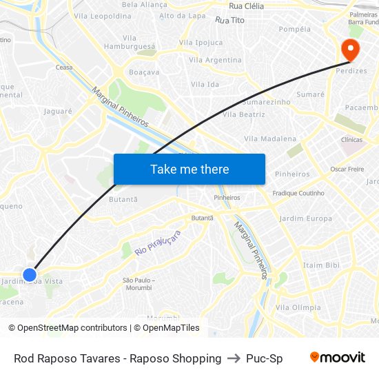 Rod Raposo Tavares - Raposo Shopping to Puc-Sp map