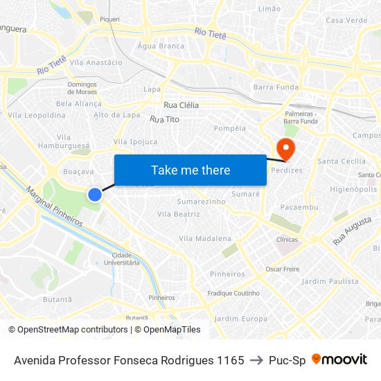 Avenida Professor Fonseca Rodrigues 1165 to Puc-Sp map