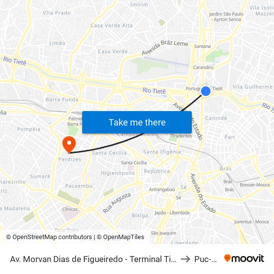 Av. Morvan Dias de Figueiredo - Terminal Tietê to Puc-Sp map