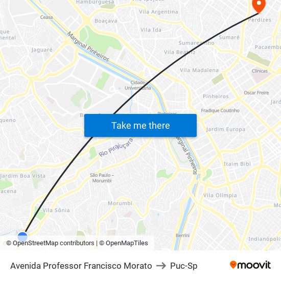 Avenida Professor Francisco Morato to Puc-Sp map