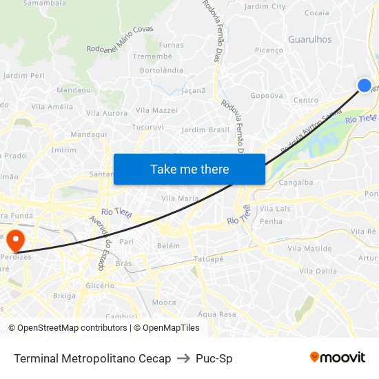 Terminal Metropolitano Cecap to Puc-Sp map