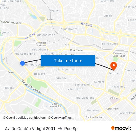 Av. Dr. Gastão Vidigal 2001 to Puc-Sp map