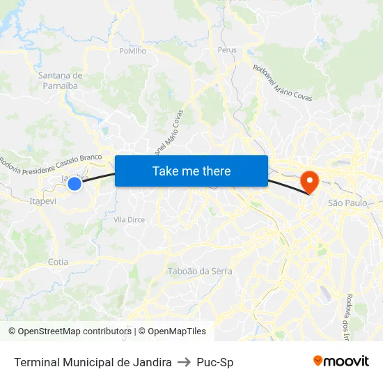 Terminal Municipal de Jandira to Puc-Sp map