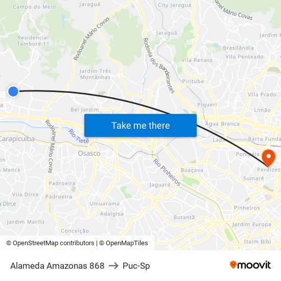 Alameda Amazonas 868 to Puc-Sp map