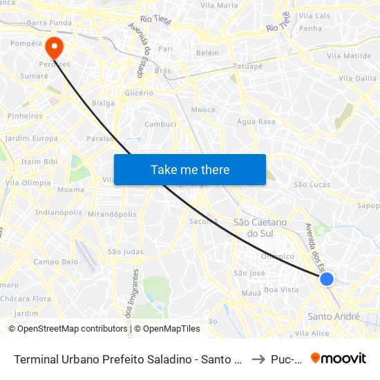 Terminal Urbano Prefeito Saladino - Santo André to Puc-Sp map