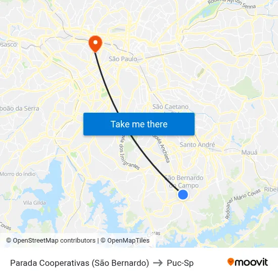 Parada Cooperativas (São Bernardo) to Puc-Sp map