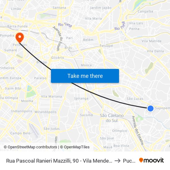 Rua Pascoal Ranieri Mazzilli, 90 - Vila Mendes, São Paulo to Puc-Sp map