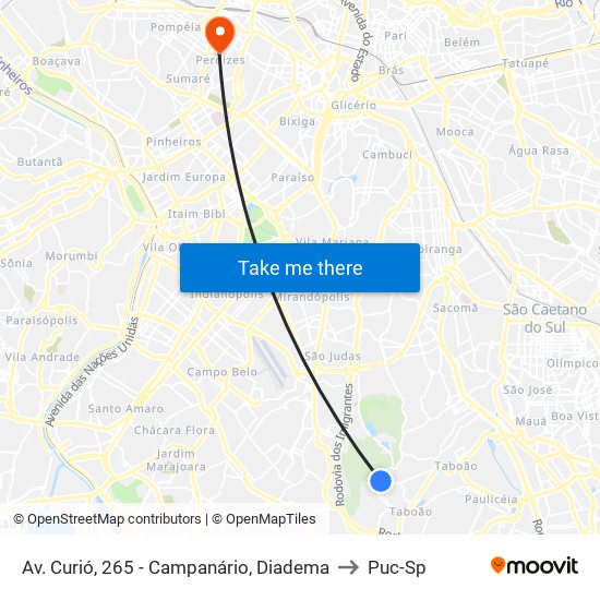 Av. Curió, 265 - Campanário, Diadema to Puc-Sp map