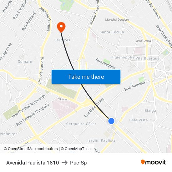 Avenida Paulista 1810 to Puc-Sp map