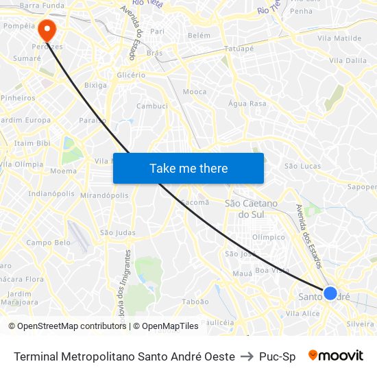 Terminal Metropolitano Santo André Oeste to Puc-Sp map