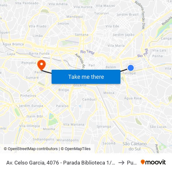 Av. Celso Garcia, 4076 - Parada Biblioteca 1/2/3 - Tatuapé, São Paulo to Puc-Sp map