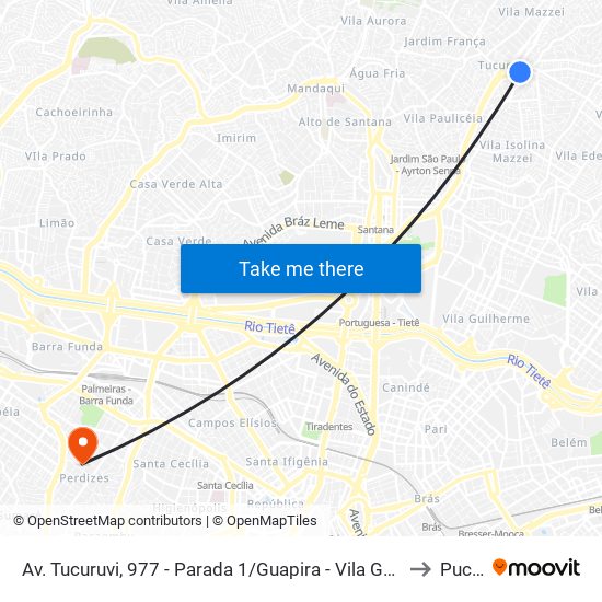 Av. Tucuruvi, 977 - Parada 1/Guapira - Vila Gustavo, São Paulo to Puc-Sp map