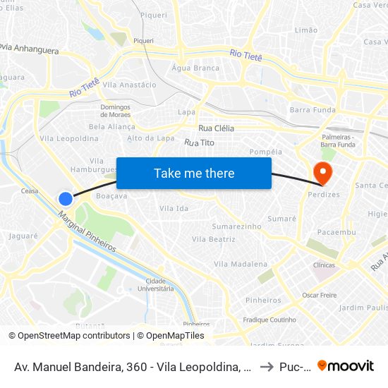 Av. Manuel Bandeira, 360 - Vila Leopoldina, São Paulo to Puc-Sp map