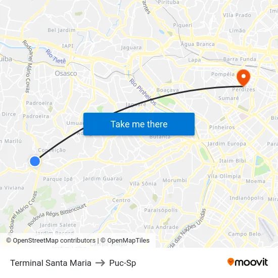 Terminal Santa Maria to Puc-Sp map