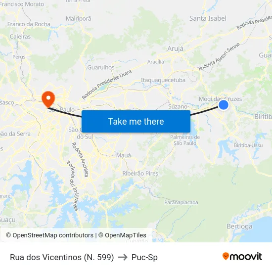 Rua dos Vicentinos (N. 599) to Puc-Sp map
