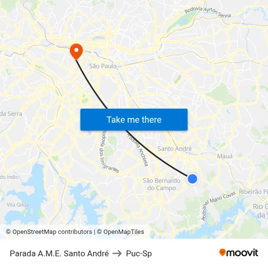 Parada A.M.E. Santo André to Puc-Sp map