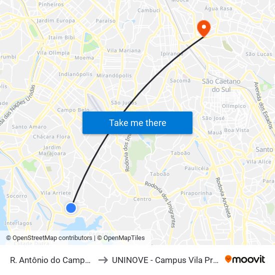 R. Antônio do Campo, 630 to UNINOVE - Campus Vila Prudente map