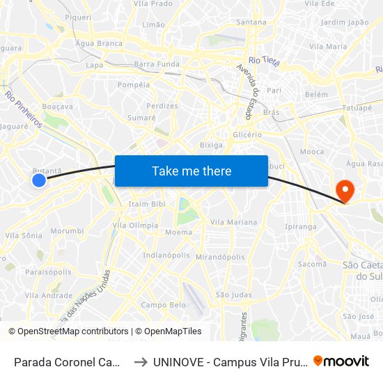 Parada Coronel Camisão to UNINOVE - Campus Vila Prudente map